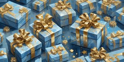 The primary subject of the image is a collection of blue and gold wrapped presents. The setting is a blue background, and the visual style is a digital art or illustration. The colors and mood of the image are predominantly blue and gold, creating a warm and festive atmosphere.